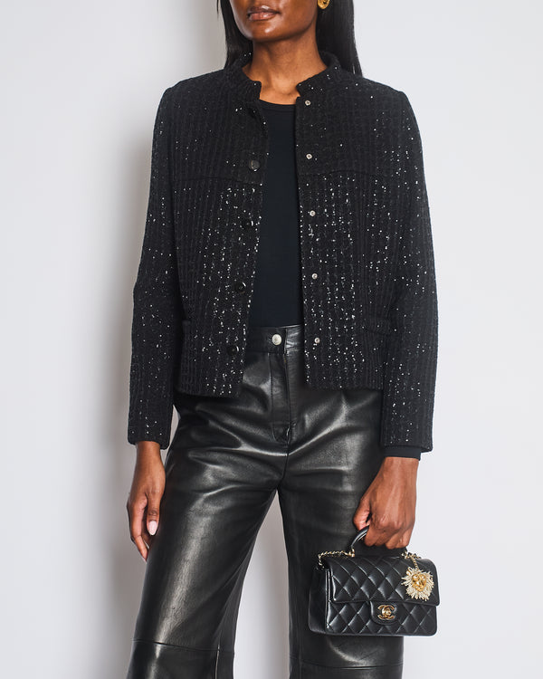 Chanel 25C Black Sequin Single-Breasted Collarless Tweed Jacket with CC Button Detail Size FR 42 (UK 14)