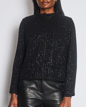 Chanel 25C Black Sequin Single-Breasted Collarless Tweed Jacket with CC Button Detail Size FR 42 (UK 14)