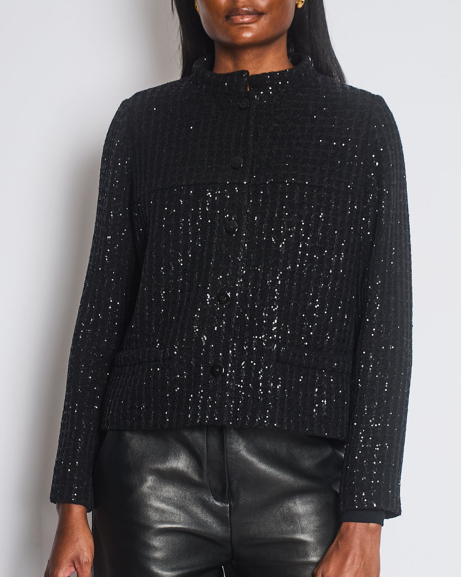 Chanel 25C Black Sequin Single-Breasted Collarless Tweed Jacket with CC Button Detail Size FR 42 (UK 14)