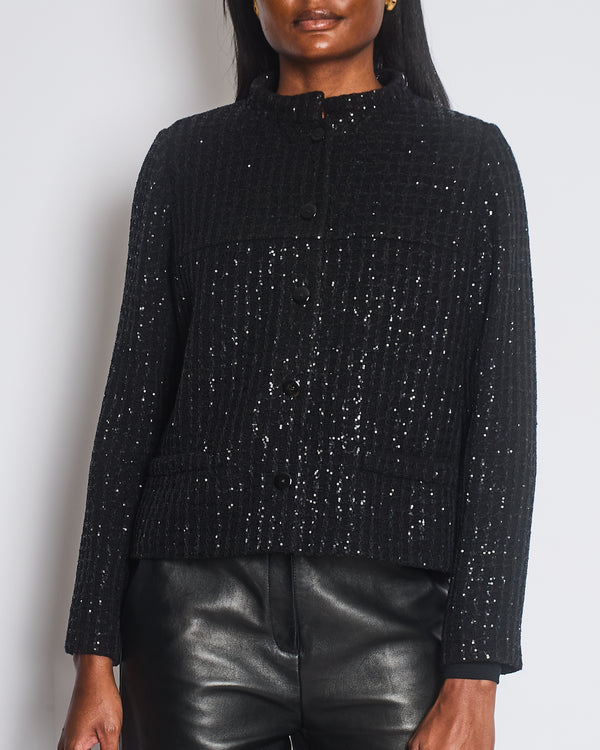 Chanel 25C Black Sequin Single-Breasted Collarless Tweed Jacket with CC Button Detail Size FR 42 (UK 14)