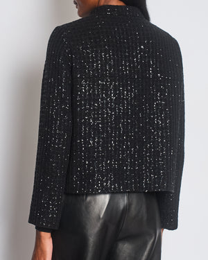 Chanel 25C Black Sequin Single-Breasted Collarless Tweed Jacket with CC Button Detail Size FR 42 (UK 14)