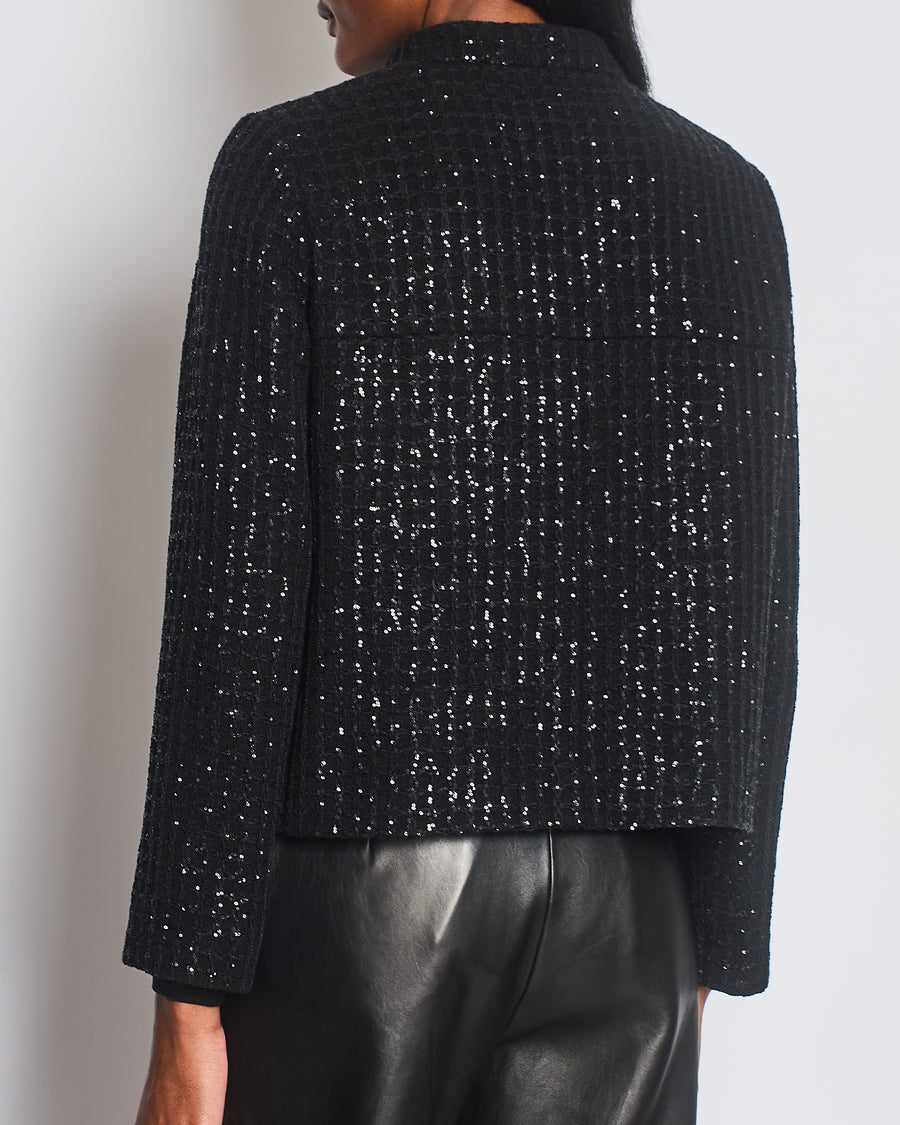 Chanel 25C Black Sequin Single-Breasted Collarless Tweed Jacket with CC Button Detail Size FR 42 (UK 14)