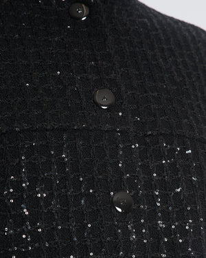 Chanel 25C Black Sequin Single-Breasted Collarless Tweed Jacket with CC Button Detail Size FR 42 (UK 14)