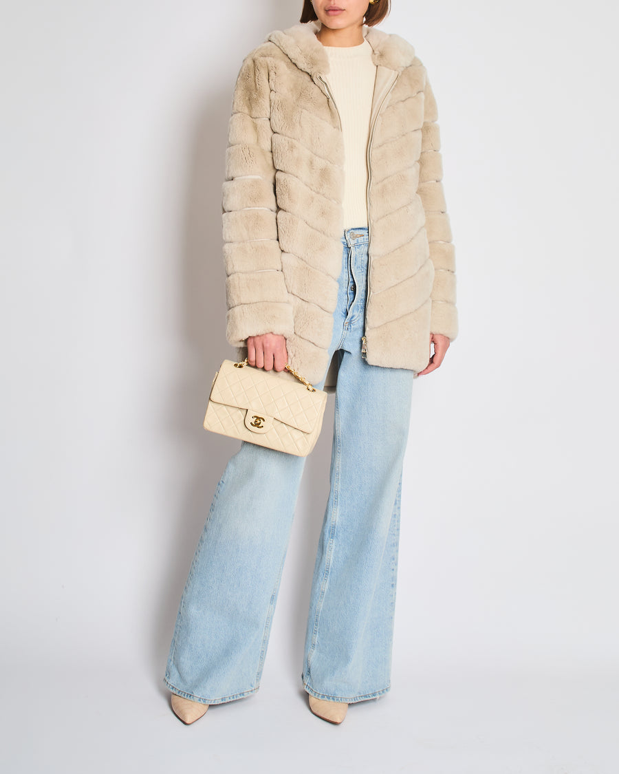 Unbranded Beige Rex Rabbit Hooded Fur Coat Size FR 38 (UK 10)