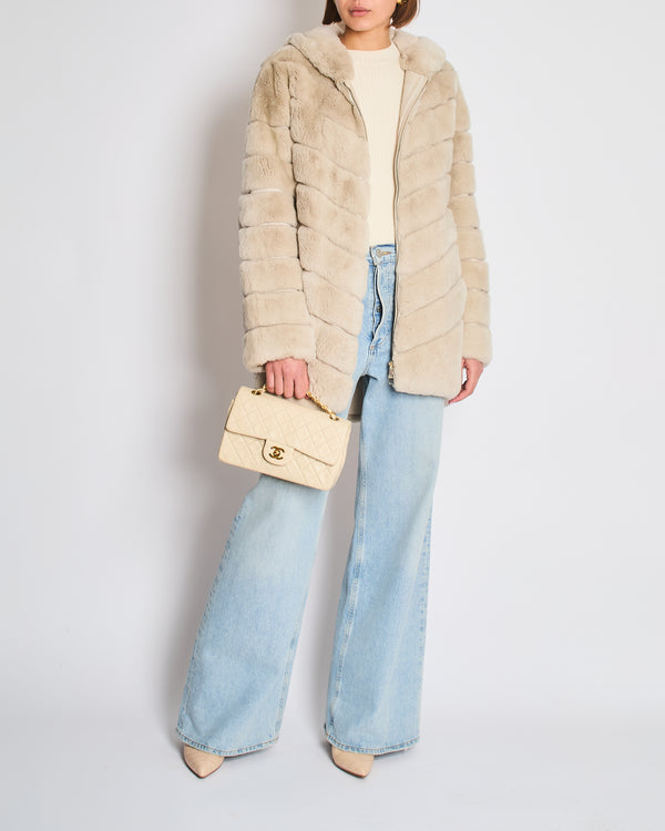 Unbranded Beige Rex Rabbit Hooded Fur Coat Size FR 38 (UK 10)