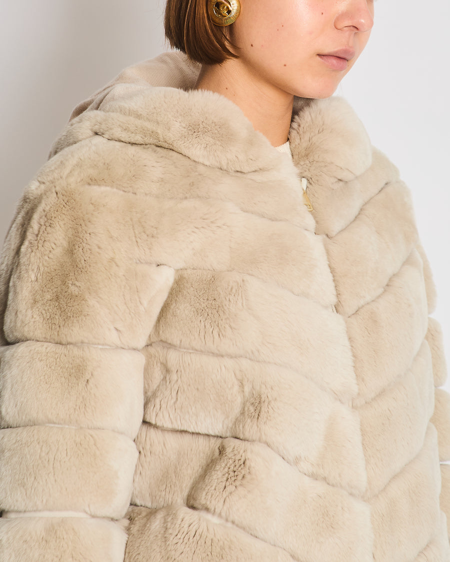 Unbranded Beige Rex Rabbit Hooded Fur Coat Size FR 38 (UK 10)
