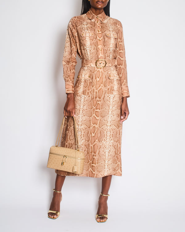 Zimmermann Tan Natura Linen Snake Print Shirt and A-Line Midi Belted Skirt with Pocket Detail Size 1 (UK 10)