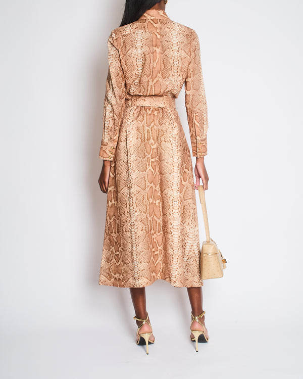 Zimmermann Tan Natura Linen Snake Print Shirt and A-Line Midi Belted Skirt with Pocket Detail Size 1 (UK 10)
