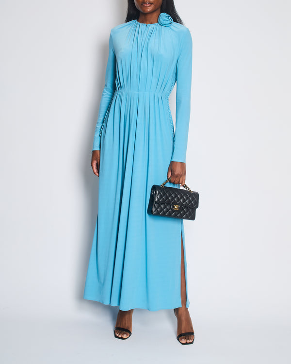 Magda Butrym Light Blue Floral Appliqué Ruched Maxi Dress with Cutouts Size S (UK 8)