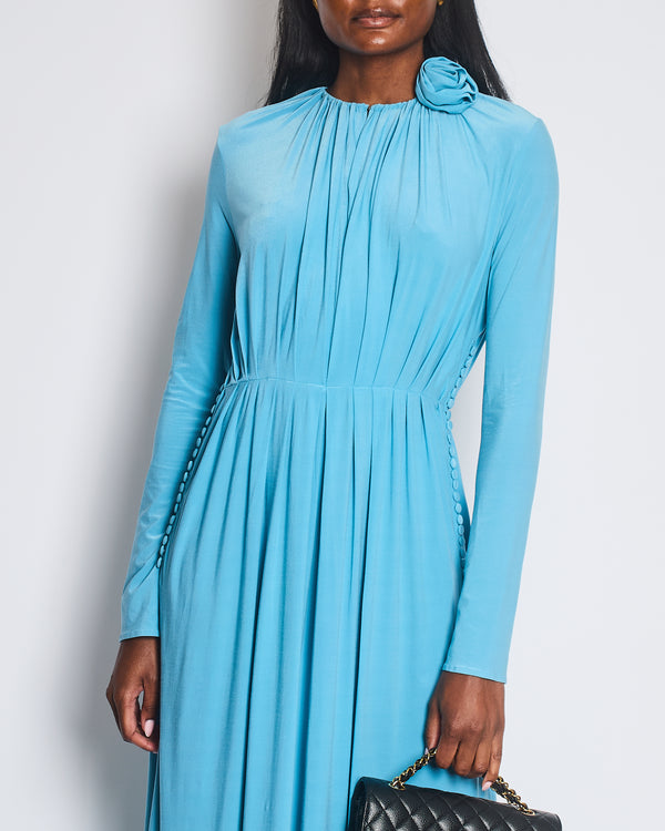 Magda Butrym Light Blue Floral Appliqué Ruched Maxi Dress with Cutouts Size S (UK 8)