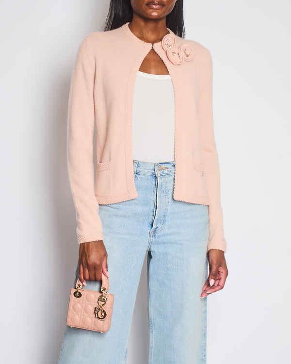 Chanel Spring 2005 Vintage Pink Cashmere Cardigan with Floral Crystals Size FR 38 (UK 10)