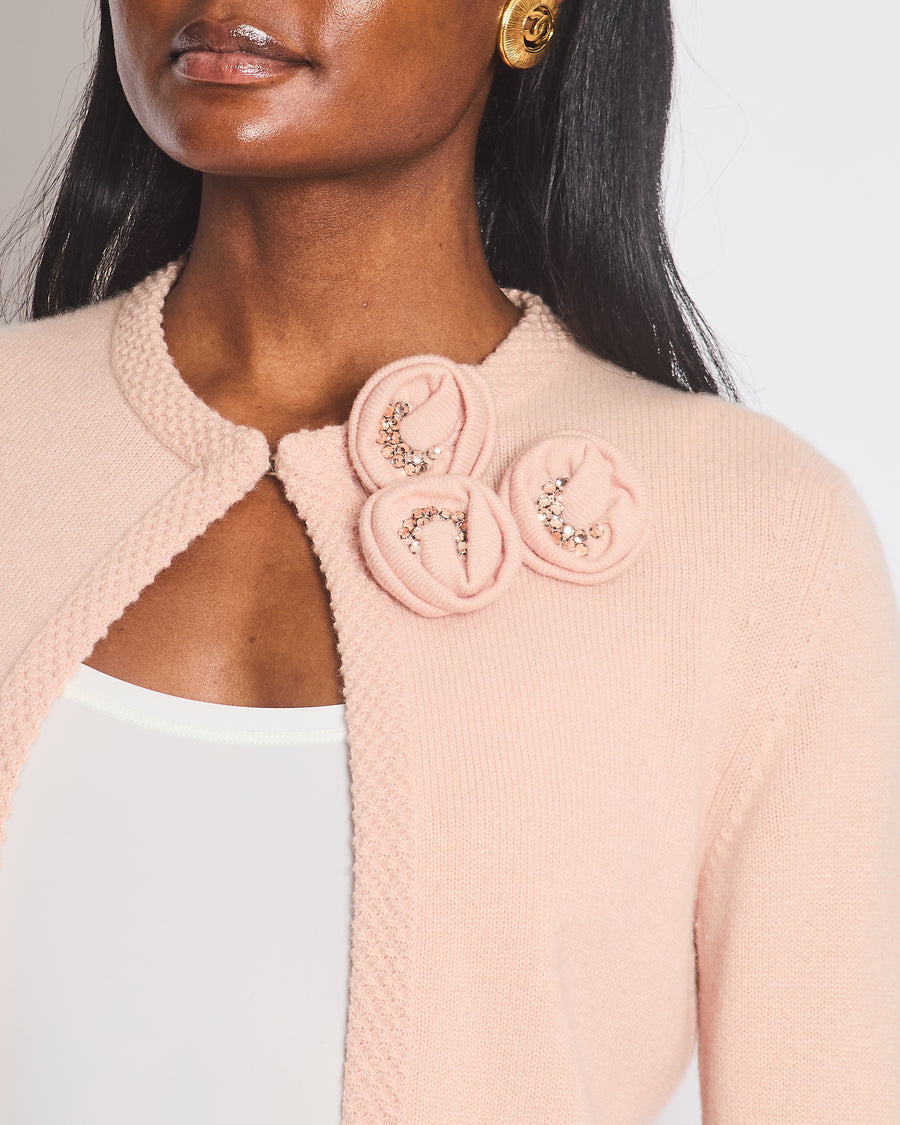 Chanel 05/S Vintage Pink Cashmere Cardigan with Floral Crystals Size FR 38 (UK 10)