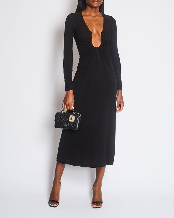 Christopher Esber Black Gathered Plunge Arced Palm Cutout Maxi Dress Size UK 6