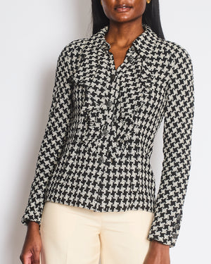 Chanel 09/P Black and White Houndstooth Tweed Jacket with CC Logo Buttons Size FR 36 (UK 8)