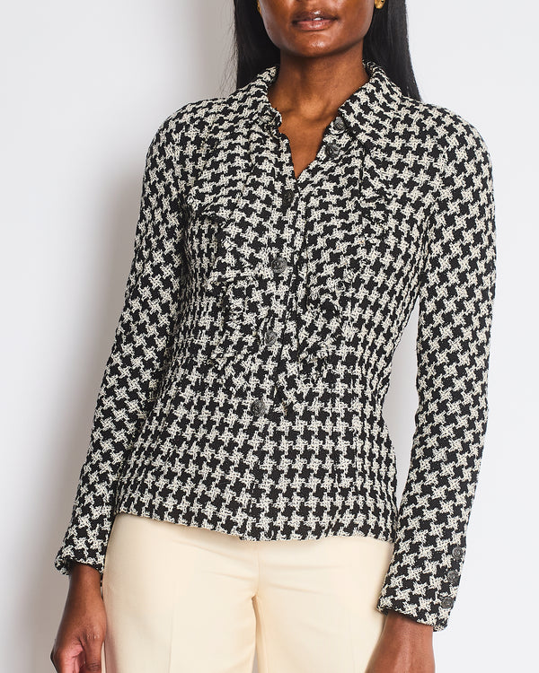 Chanel Black and White Houndstooth Tweed Jacket with CC Logo Buttons Size FR 36 (UK 8)