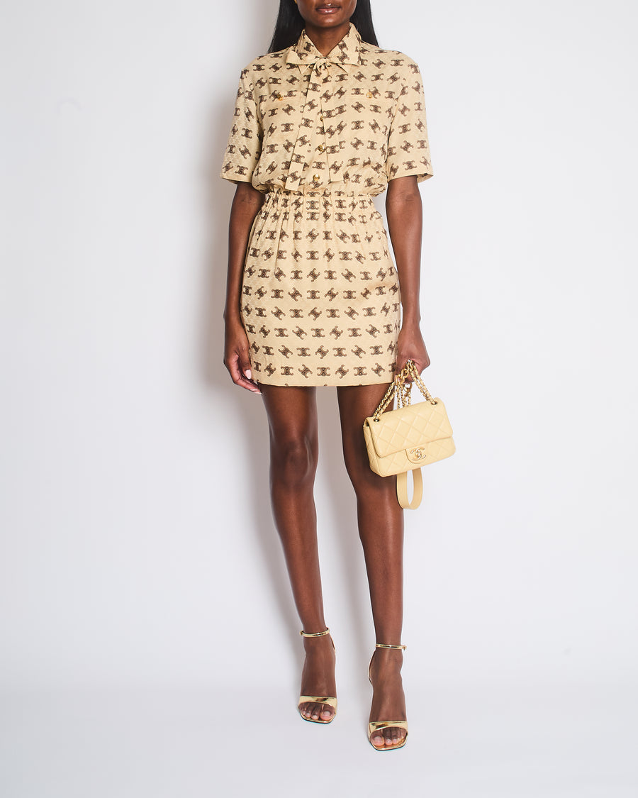 Celine Beige and Brown Arc de Triomphe Printed Mid-Length Dress with Lapel Detail Size FR 34 (UK 6)