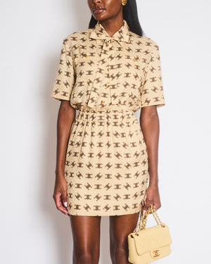 Celine Beige and Brown Arc de Triomphe Printed Mid-Length Dress with Lapel Detail Size FR 34 (UK 6)