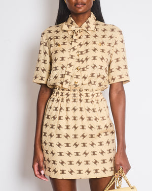 Celine Beige and Brown Arc de Triomphe Printed Mid-Length Dress with Lapel Detail Size FR 34 (UK 6)