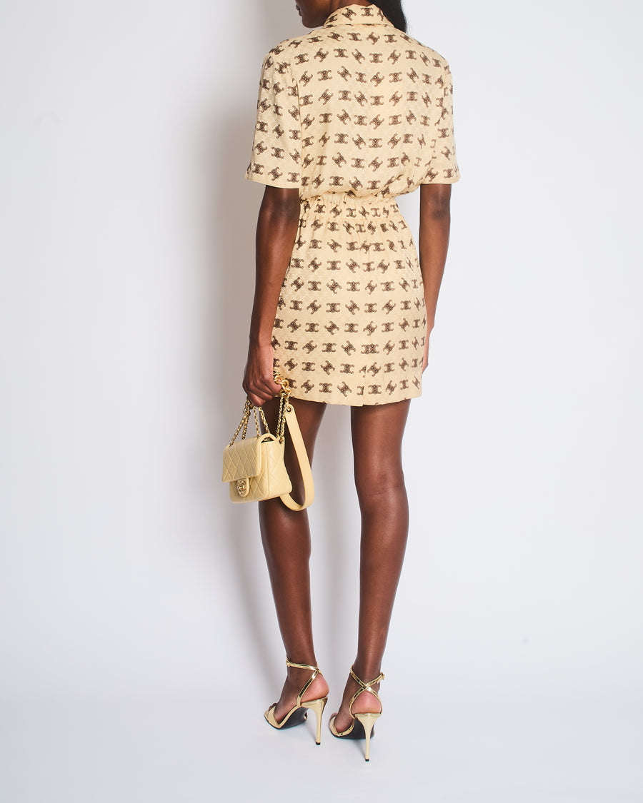 Celine Beige and Brown Arc de Triomphe Printed Mid-Length Dress with Lapel Detail Size FR 34 (UK 6)