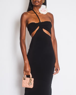 Magda Butrym Black Ruched Sleeveless Asymmetric Cutout Midi Dress with White 3D Rose Appliqué Size FR 34 (UK 6) RRP £1116