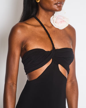 Magda Butrym Black Ruched Sleeveless Asymmetric Cutout Midi Dress with White 3D Rose Appliqué Size FR 34 (UK 6) RRP £1116