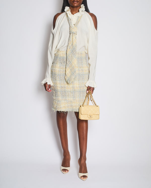 Chanel Yellow & Grey Tweed Midi Skirt with Pockets and Tie Size FR 38 (UK 10)
