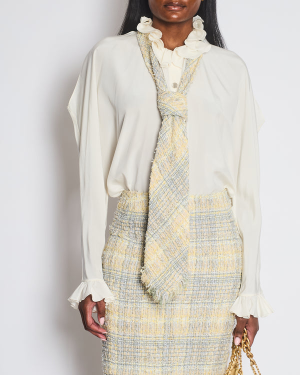 Chanel Yellow & Grey Tweed Midi Skirt with Pockets and Tie Size FR 38 (UK 10)