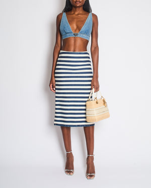 Prada Blue and White Striped High-Rise Denim Midi Pencil Skirt with Logo Detail  Size IT 38 (UK 6)