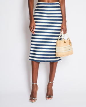 Prada Blue and White Striped High-Rise Denim Midi Pencil Skirt with Logo Detail  Size IT 38 (UK 6)