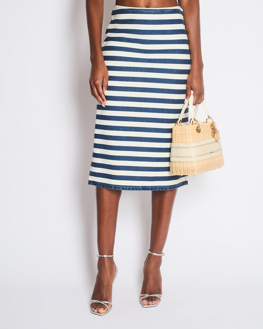 Prada Blue and White Striped High-Rise Denim Midi Pencil Skirt with Logo Detail  Size IT 38 (UK 6)