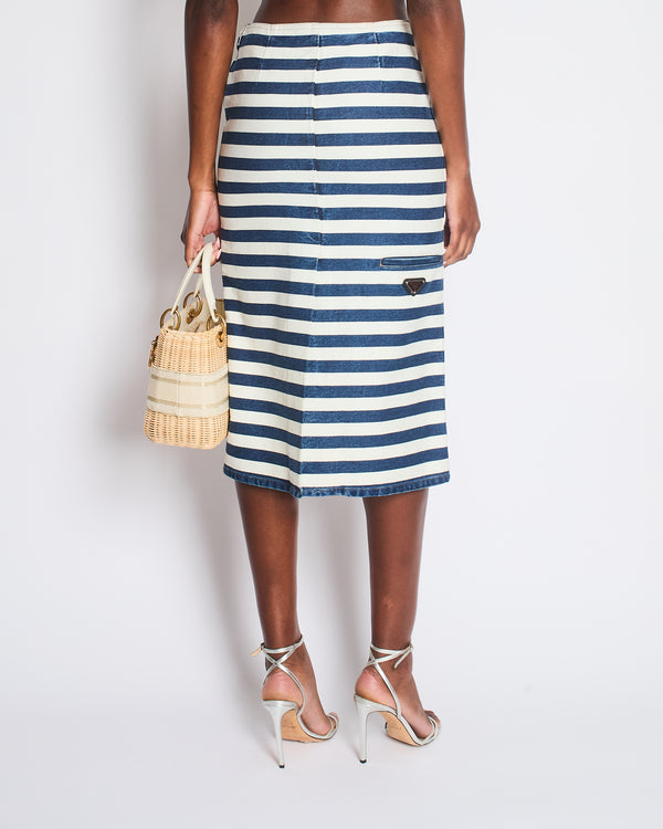 Prada Blue and White Striped High-Rise Denim Midi Pencil Skirt with Logo Detail  Size IT 38 (UK 6)