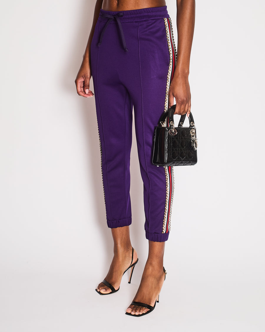 Gucci Purple Crystal Joggers with Red White and Navy Stripe Side Detail Size M (UK 10)