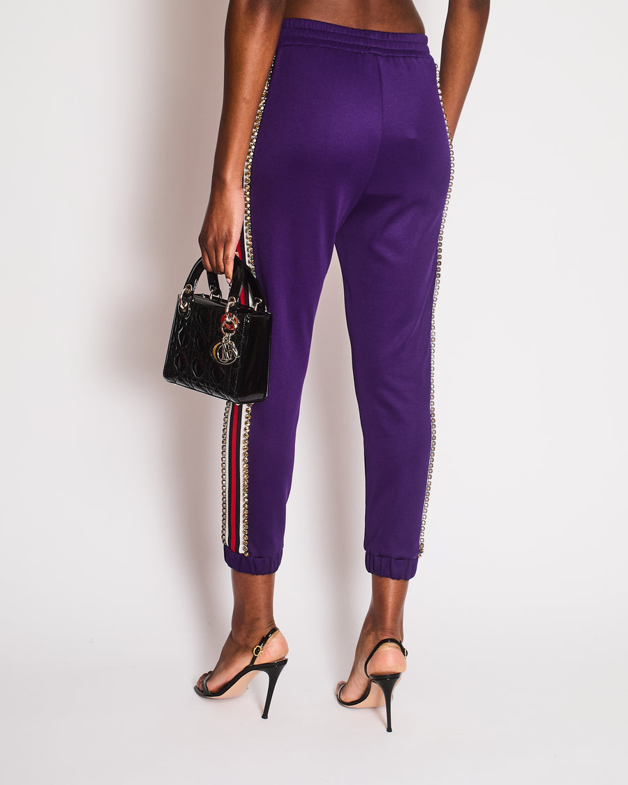 Gucci Purple Crystal Joggers with Red White and Navy Stripe Side Detail Size M (UK 10)