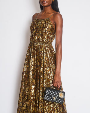 Celine Gold and Brown Georgette Floral Print Maxi Open Back Dress Size FR 36 (UK 8)