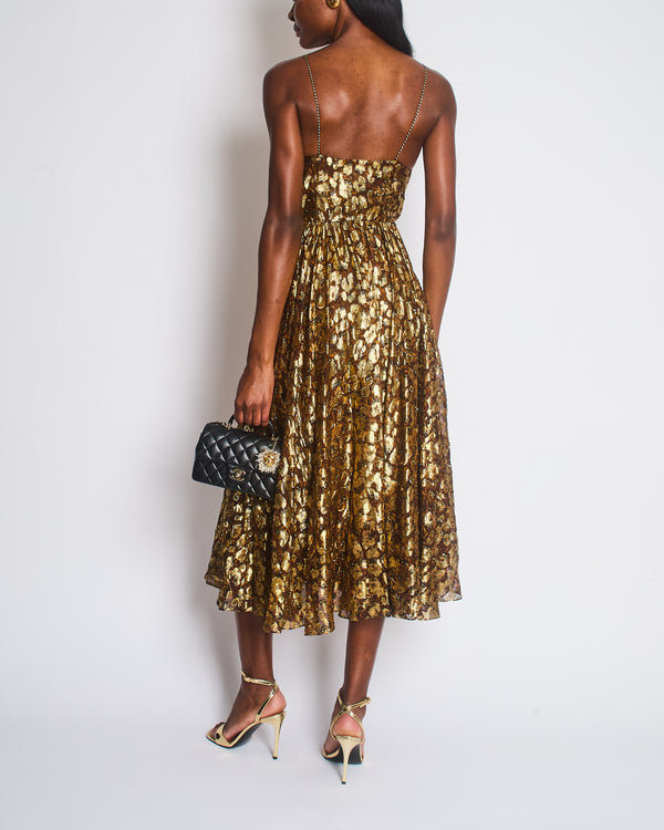 Celine Gold and Brown Georgette Floral Print Maxi Open Back Dress Size FR 36 (UK 8)