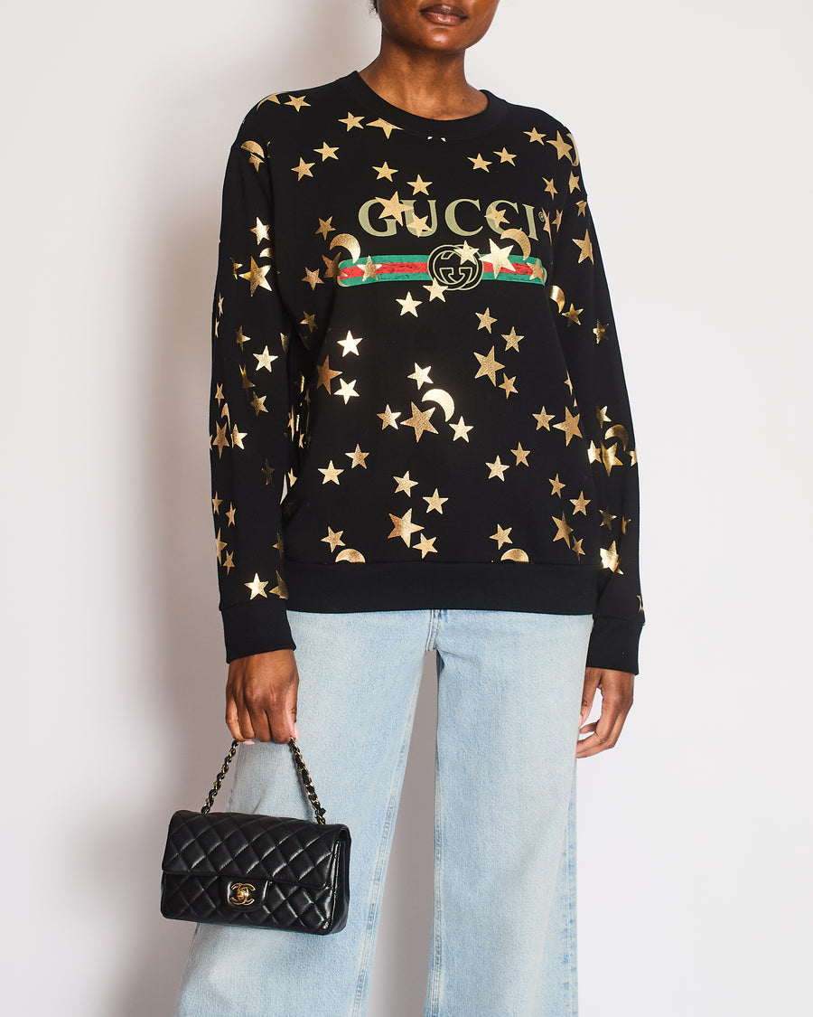 Gucci Black Sweatshirt with Gold Star Print GG Logo Size S (UK 8)