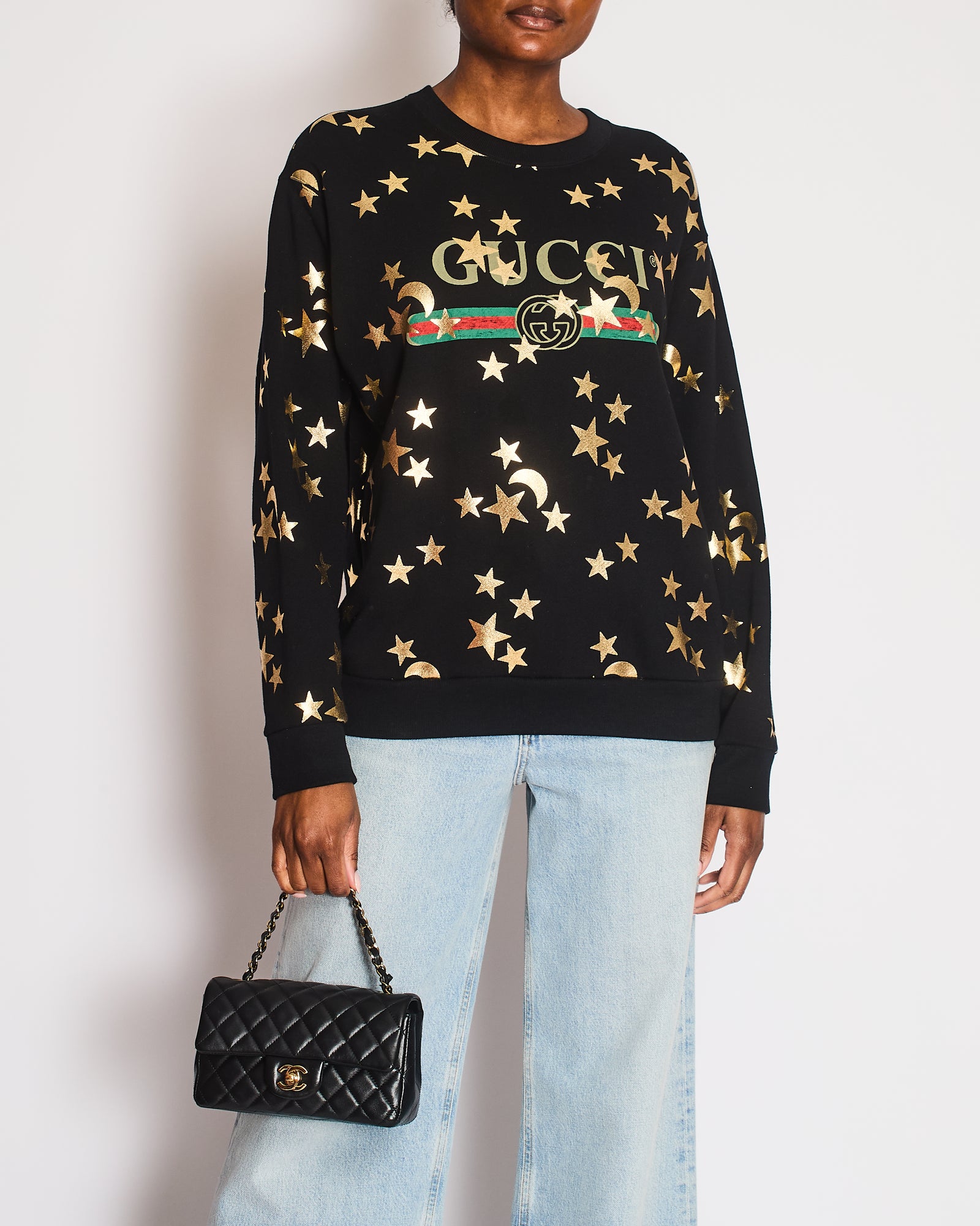 GUCCI セーター　ハート星柄ゴールド　S Gucci Black Sweatshirt with Gold Star Print GG Logo Size S (UK 8