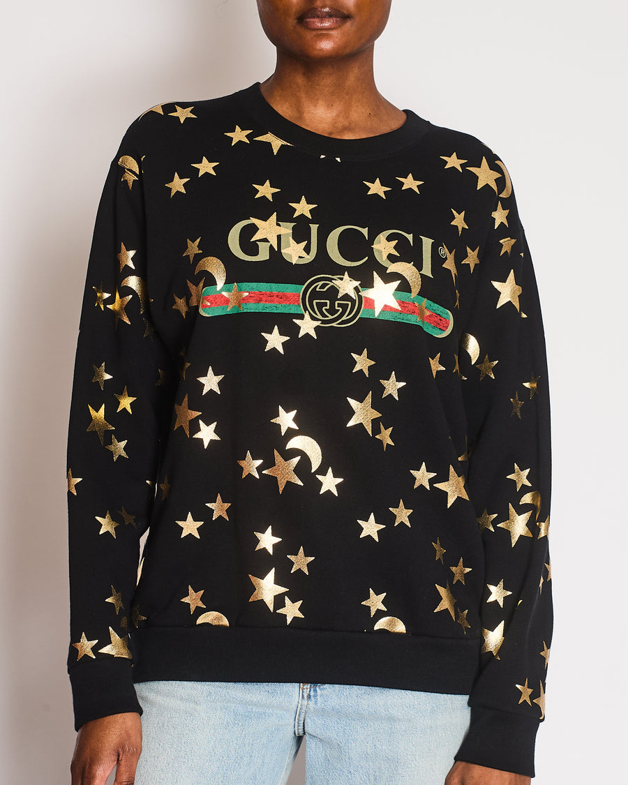 Gucci Black Sweatshirt with Gold Star Print GG Logo Size S (UK 8)