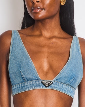 Prada Blue Denim Triangle Crop Top with Logo Plaque Detail Size IT 40 (UK 8)
