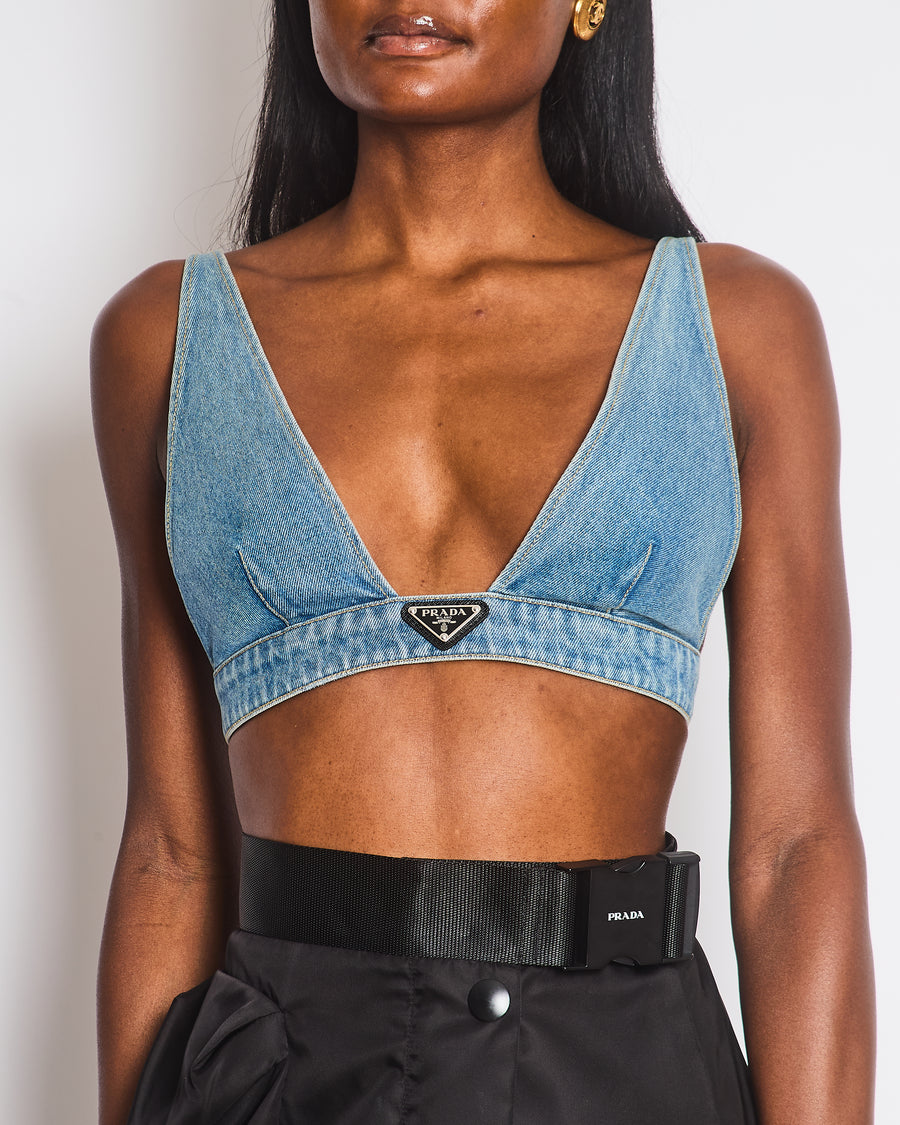 Prada Blue Denim Triangle Crop Top with Logo Plaque Detail Size IT 40 (UK 8)
