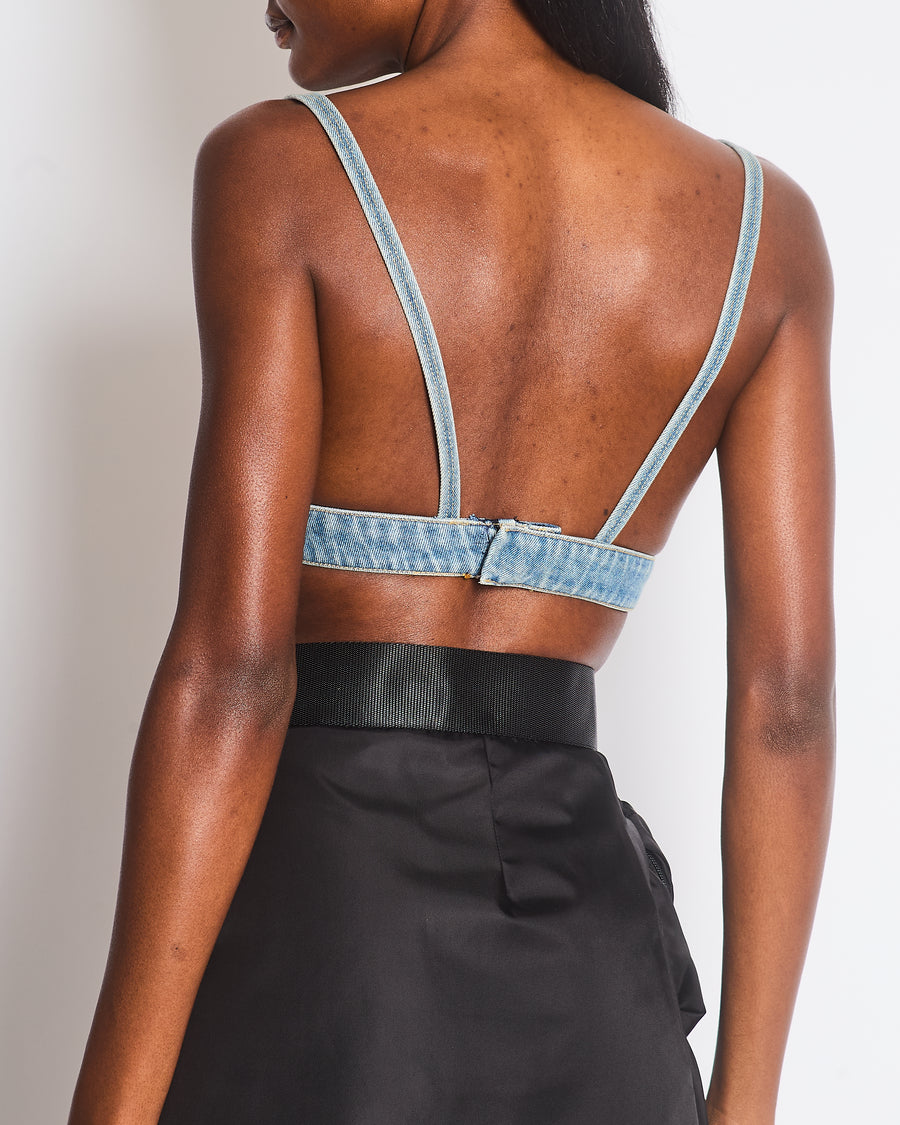 Prada Blue Denim Triangle Crop Top with Logo Plaque Detail Size IT 40 (UK 8)