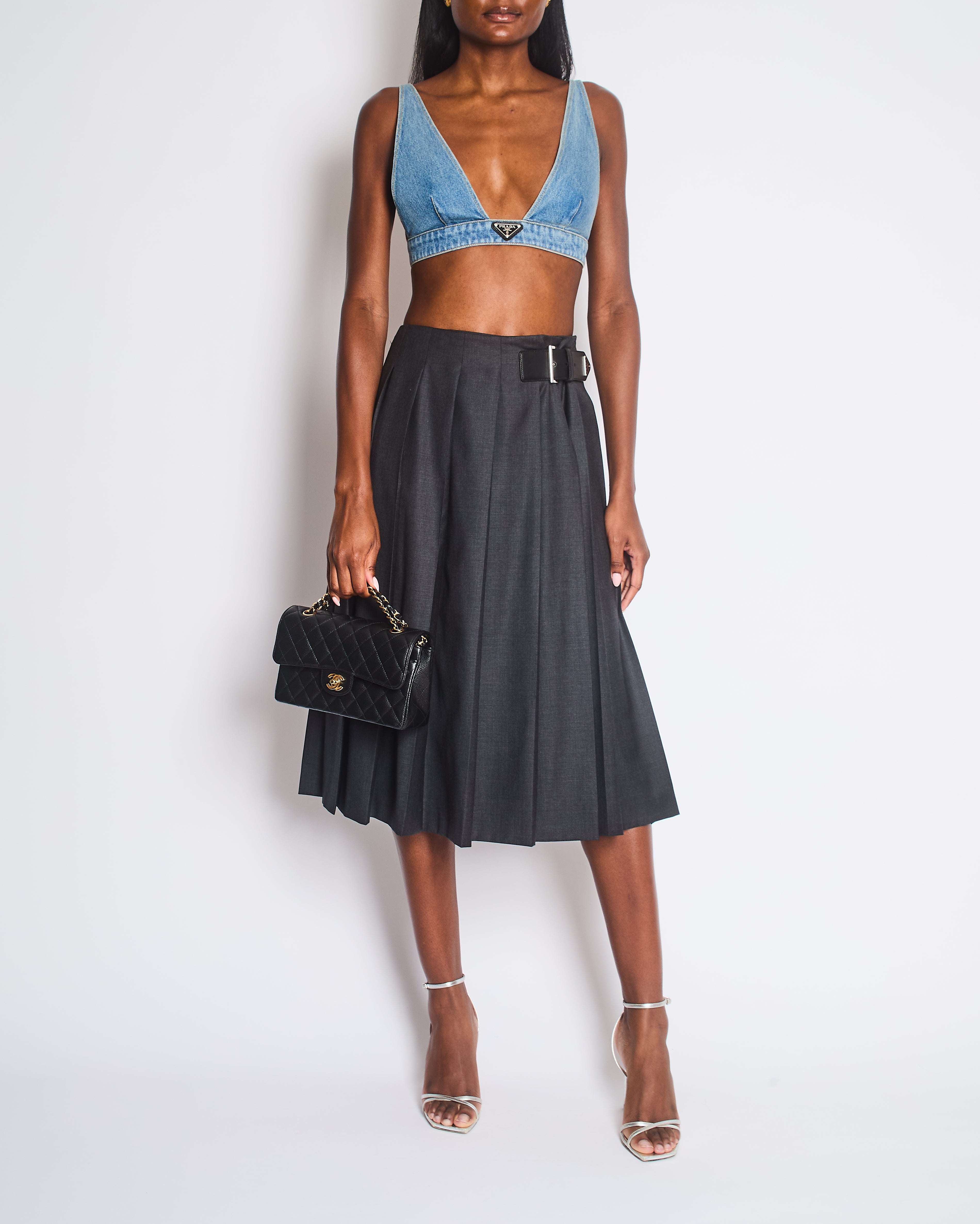 Prada Dark Grey Wool Pleated Midi Skirt with Buckle Logo Detail