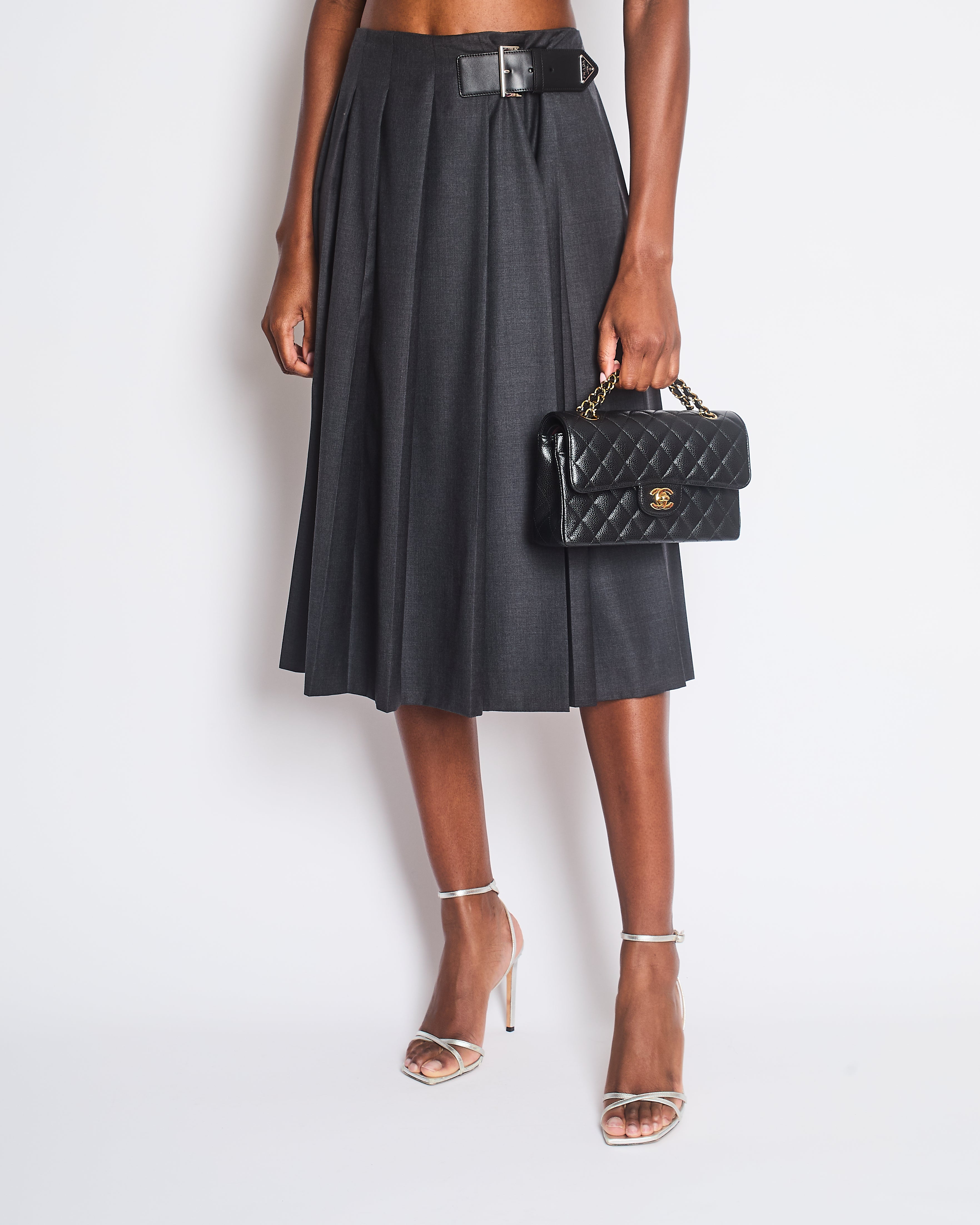 Prada Dark Grey Wool Pleated Midi Skirt with Buckle Logo Detail