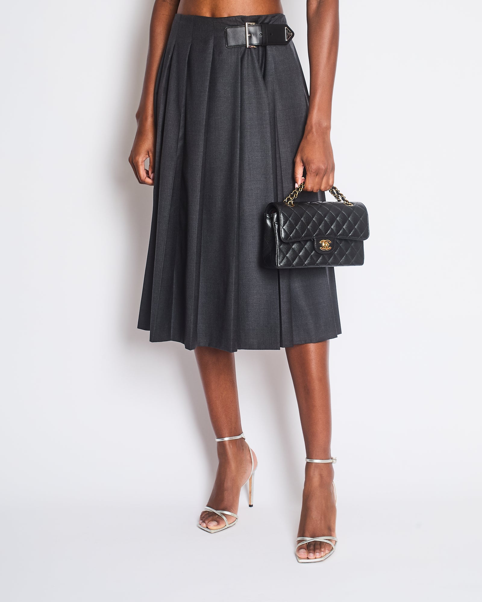 Prada Dark Grey Wool Pleated Midi Skirt with Buckle Logo Detail