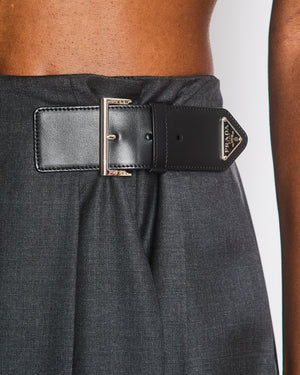 Prada Dark Grey Wool Pleated Midi Skirt with Buckle Logo Detail Size IT 36 (UK 4)