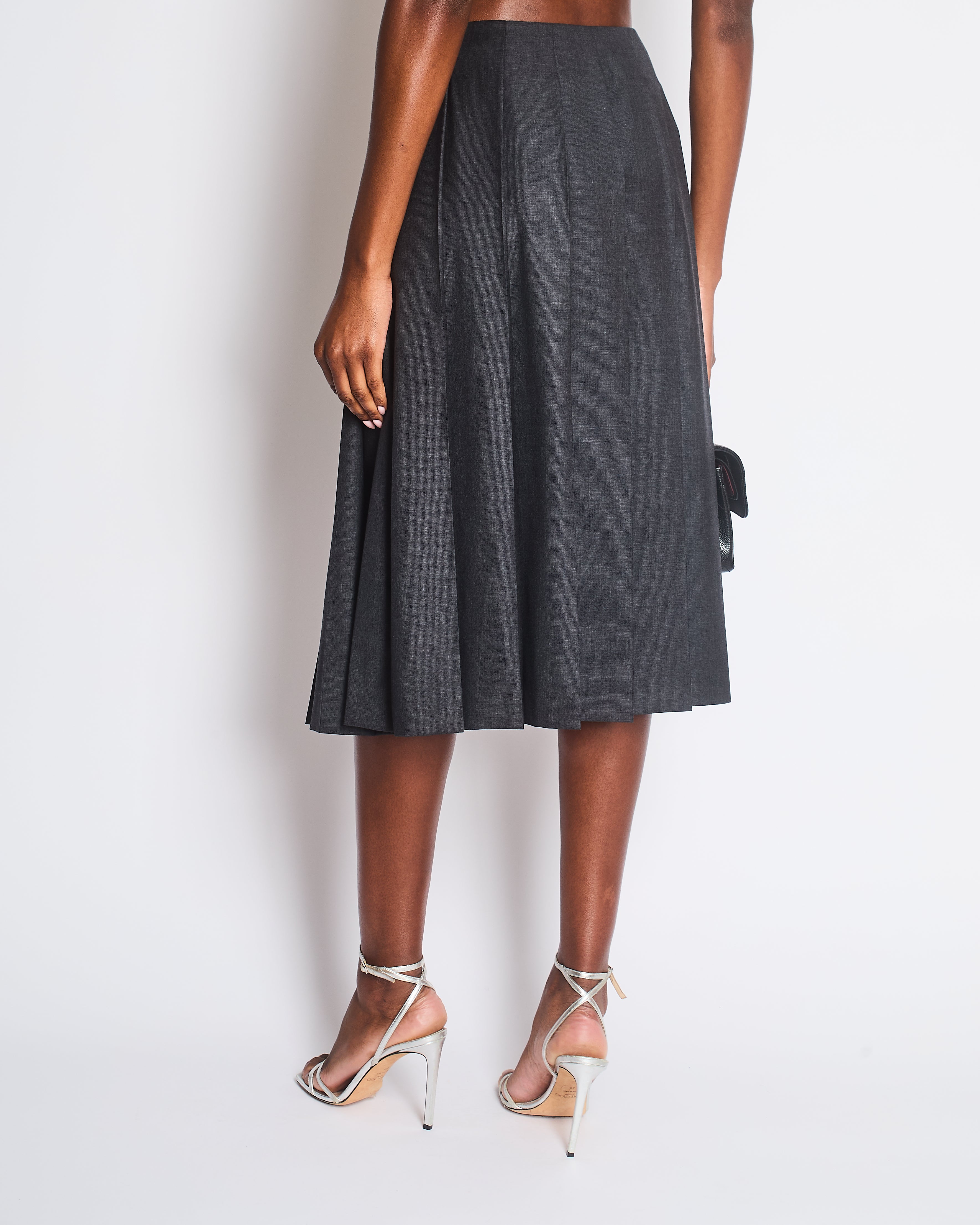 Prada Dark Grey Wool Pleated Midi Skirt with Buckle Logo Detail