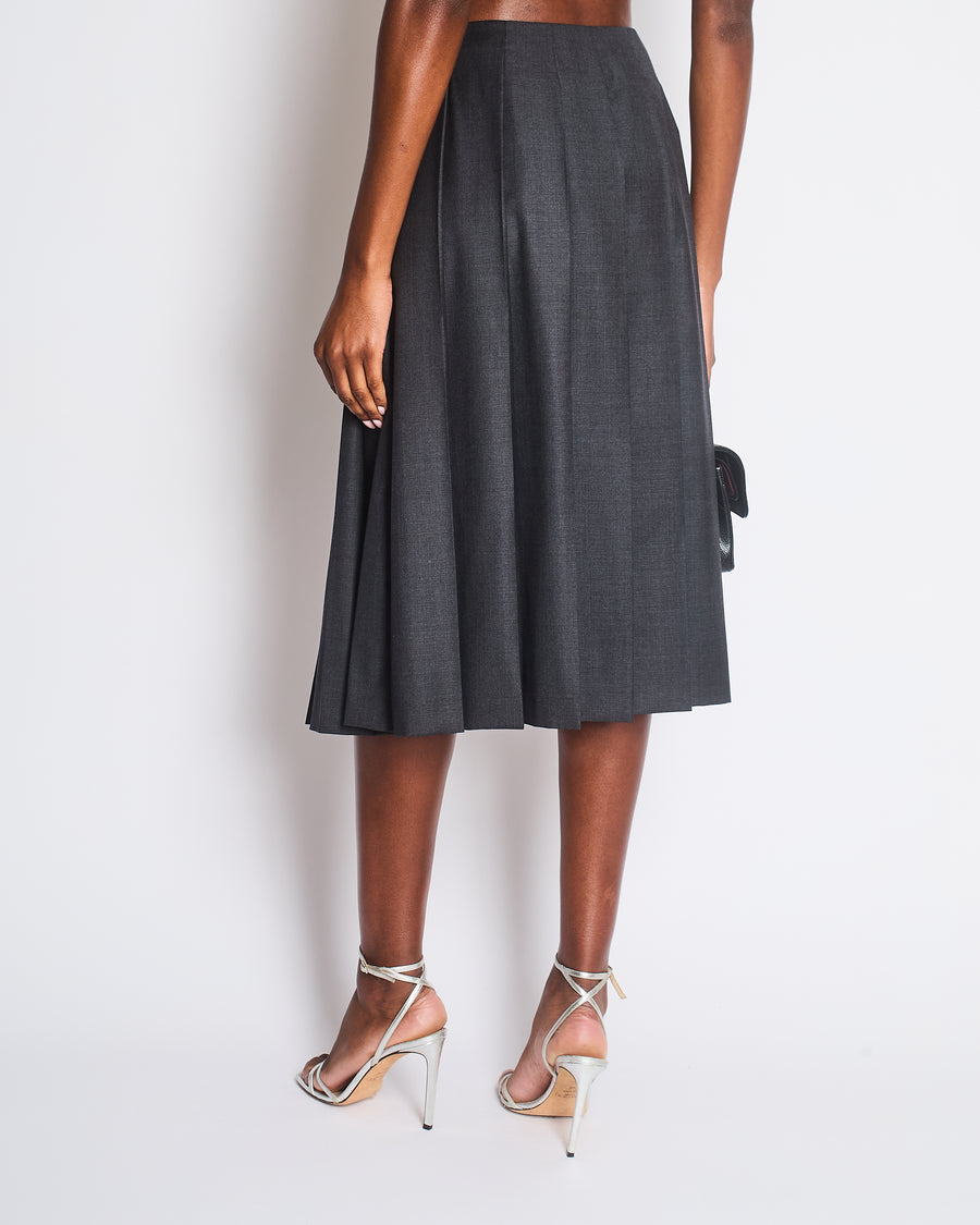 Prada Dark Grey Wool Pleated Midi Skirt with Buckle Logo Detail Size IT 36 (UK 4)