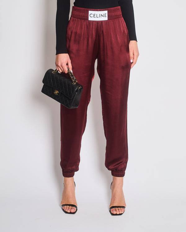 Celine Burgundy Satin Boxing Trousers with Cuffed Hems and Waistband Logo Detail Size FR 34 (UK 6)