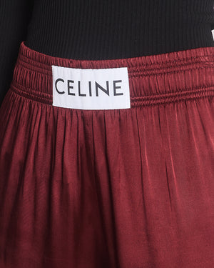 Celine Burgundy Satin Boxing Trousers with Cuffed Hems and Waistband Logo Detail Size FR 34 (UK 6)