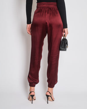 Celine Burgundy Satin Boxing Trousers with Cuffed Hems and Waistband Logo Detail Size FR 34 (UK 6)